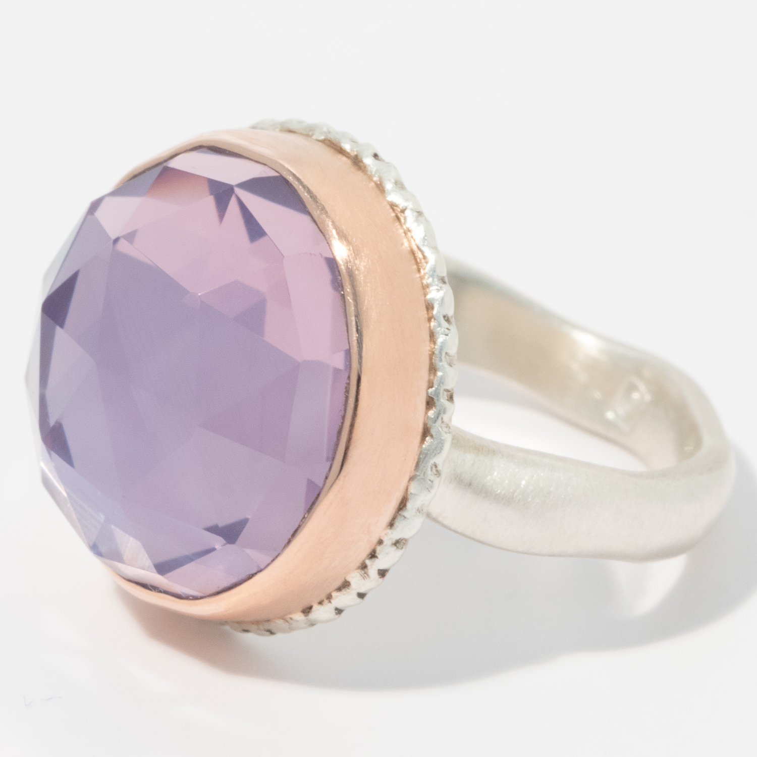 Jamie Joseph: Sterling & 14K Rose Gold Ring w/ Small Round Rose Cut LAVENDER AMETHYST on Lava Platform and Middle Groovy Band,sz 7