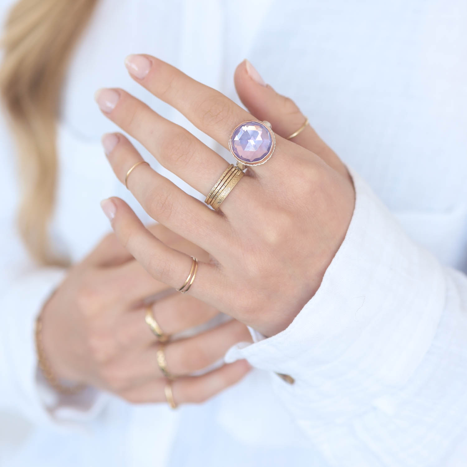 Jamie Joseph: Sterling & 14K Rose Gold Ring w/ Small Round Rose Cut LAVENDER AMETHYST on Lava Platform and Middle Groovy Band,sz 7