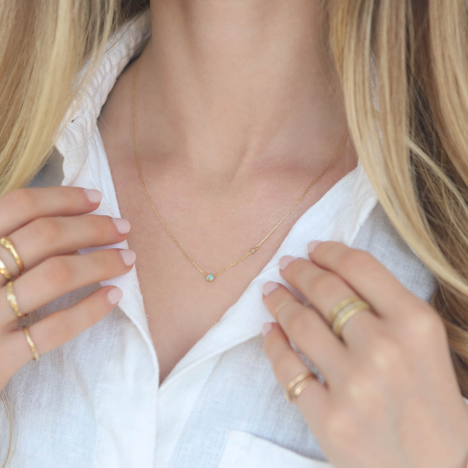 Tai: Necklace, Gold Vermeil Simple Chain Necklace with Small Opal center and Offside CZ