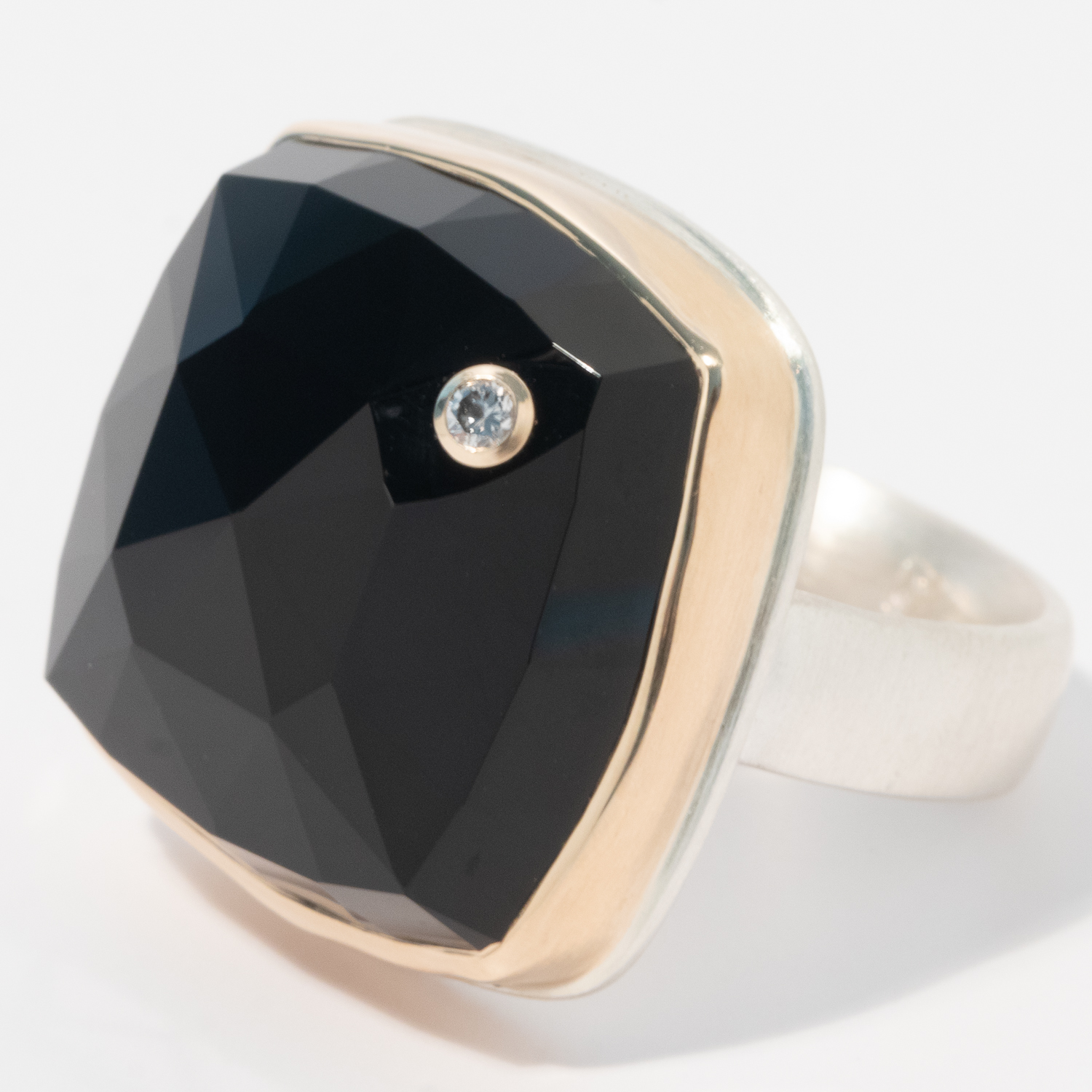 Jamie Joseph: Sterling silver & 14K gold ring w/ square rose cut black onyx and .03ct diamond on comfort band, size 8.25, measures 3/4" x 3/4"