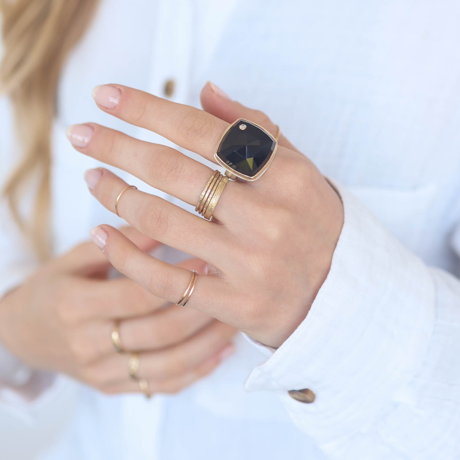 Jamie Joseph: Sterling silver & 14K gold ring w/ square rose cut black onyx and .03ct diamond on comfort band, size 8.25, measures 3/4" x 3/4"