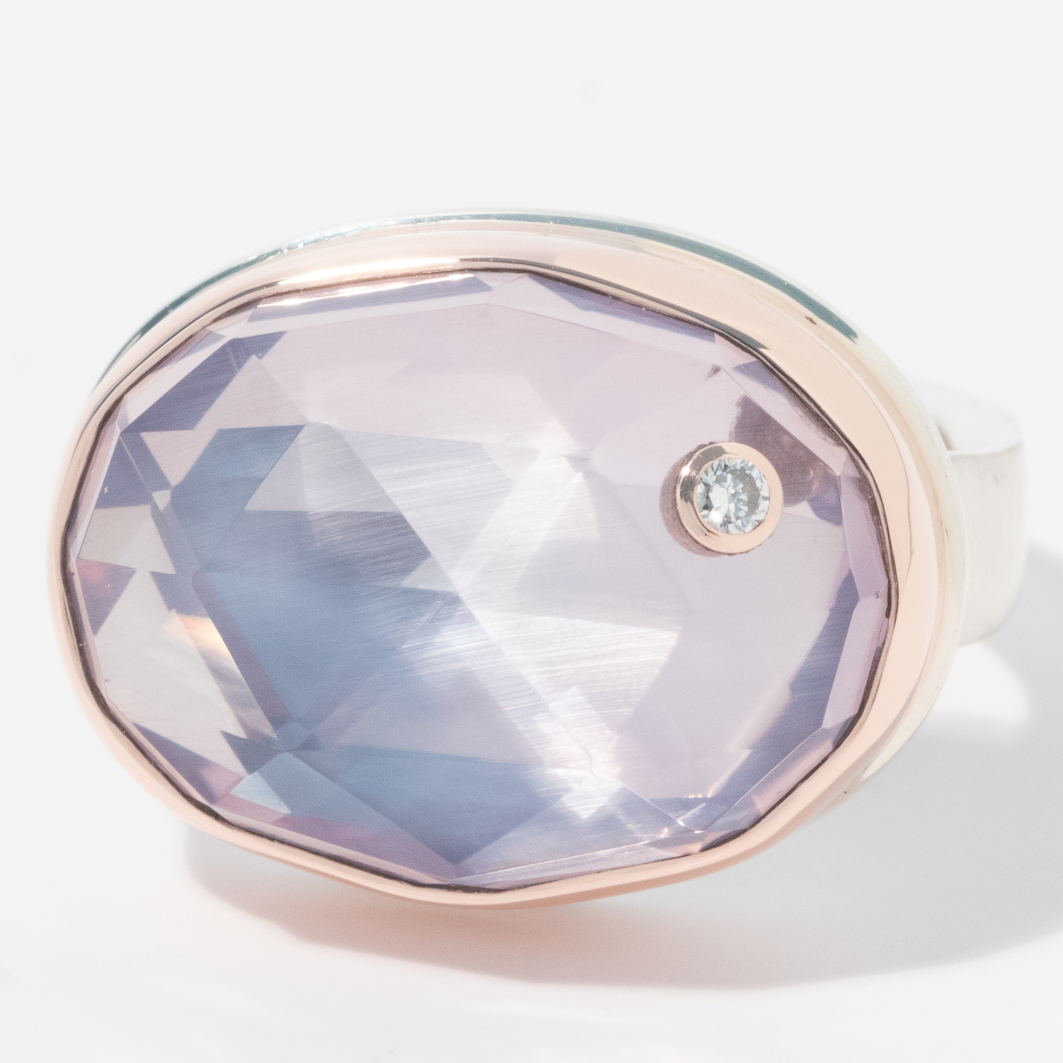 Jamie Joseph: Sterling & 14K Rose gold Ring w/Oval Rose Cut Lavender Amethyst & .03 ct Diamond on Live Edge Band , Size 7.5, measures 9/16" x 3/4"