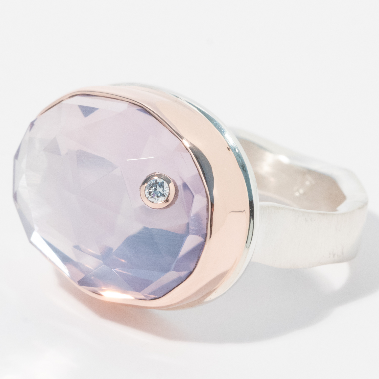 Jamie Joseph: Sterling & 14K Rose gold Ring w/Oval Rose Cut Lavender Amethyst & .03 ct Diamond on Live Edge Band , Size 7.5, measures 9/16" x 3/4"