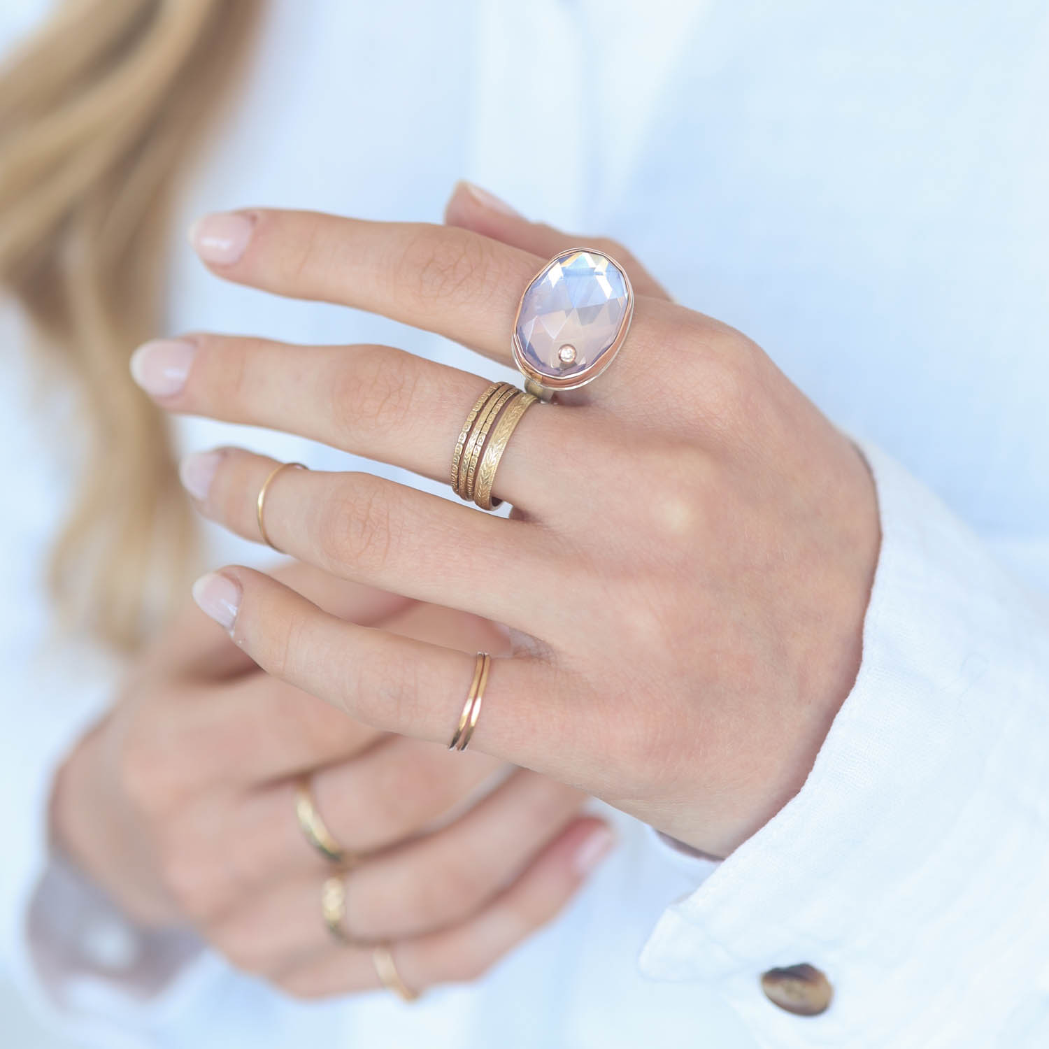 Jamie Joseph: Sterling & 14K Rose gold Ring w/Oval Rose Cut Lavender Amethyst & .03 ct Diamond on Live Edge Band , Size 7.5, measures 9/16" x 3/4"