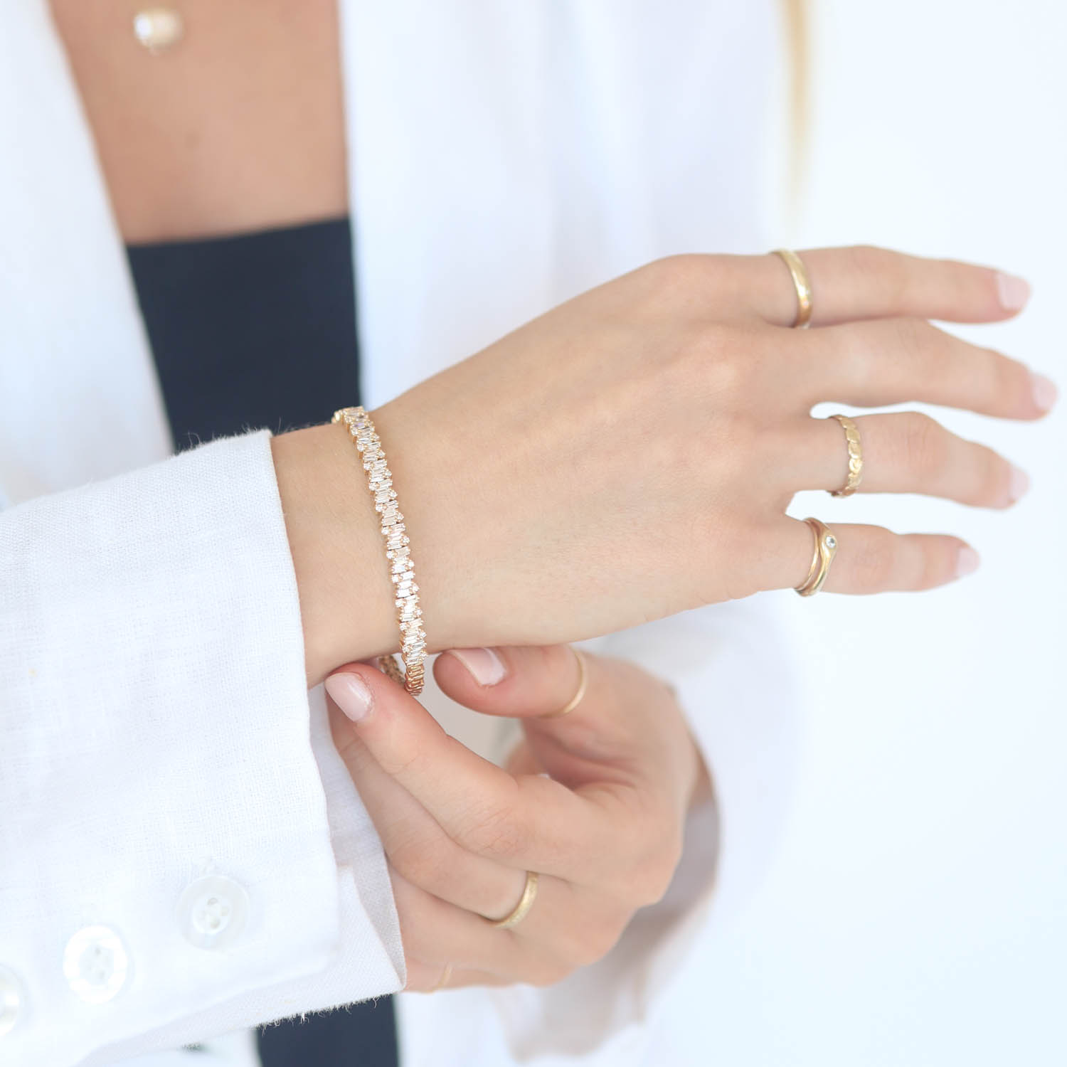 Suzanne Kalan: Bracelet, Bangle, Flexible, 18K Gold, White Baguette Diamonds on Firework Setting 1.41ct, Round White Diamond .32 TCWSize Medium.