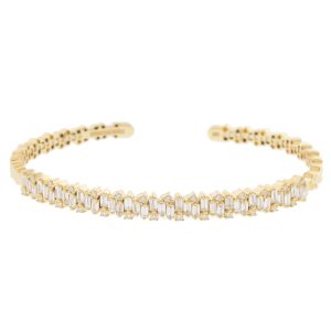 Suzanne Kalan: Bracelet, Bangle, Flexible, 18K Gold, White Baguette Diamonds on Firework Setting 1.41ct, Round White Diamond .32 TCWSize Medium.