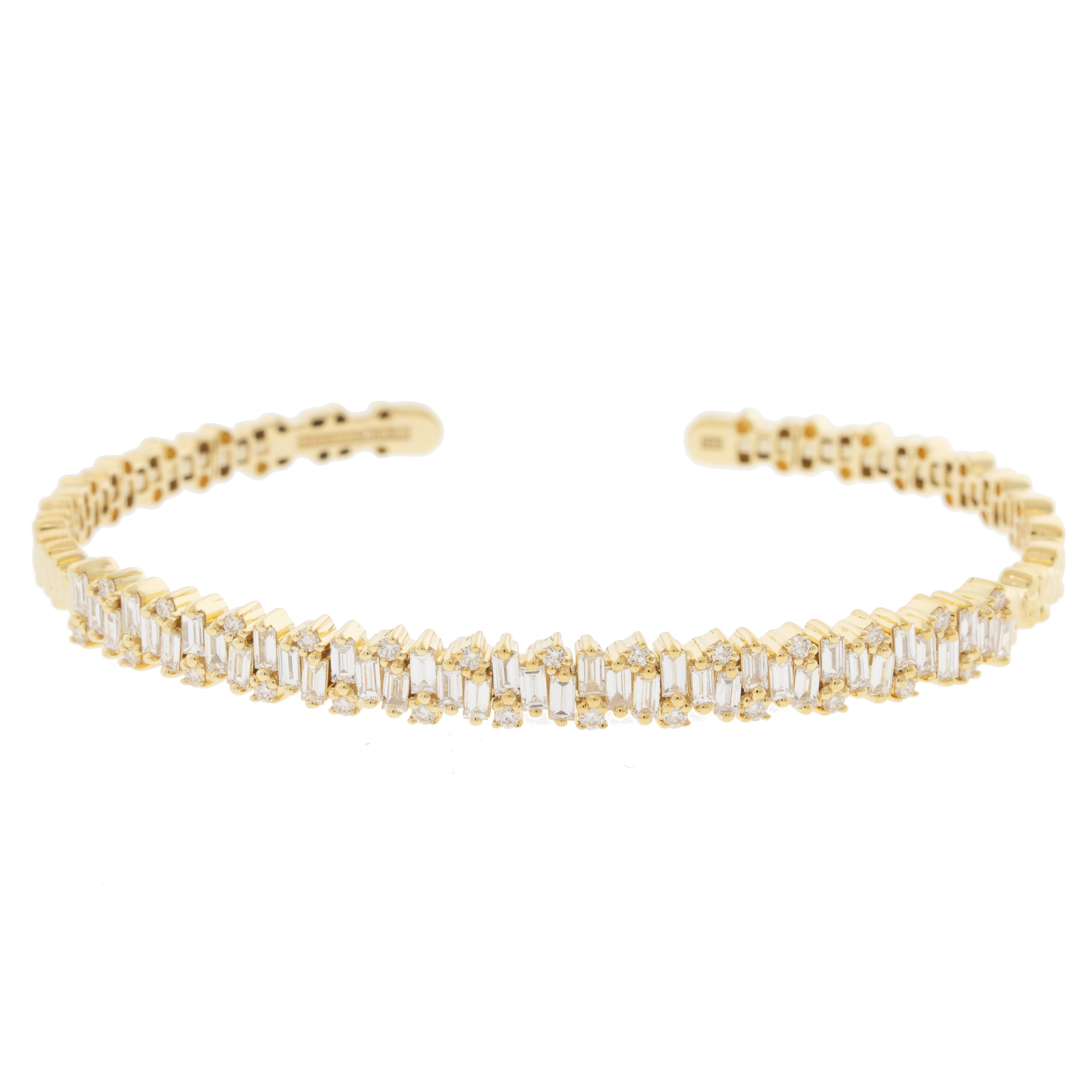 Suzanne Kalan: Bracelet, Bangle, Flexible, 18K Gold, White Baguette Diamonds on Firework Setting 1.41ct, Round White Diamond .32 TCWSize Medium.