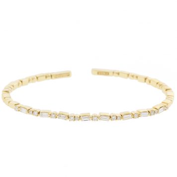 Suzanne Kalan: 18K YG White diamond baguette & round white diamond uneven bangle, .55ct baguette, .3ct round, w 2.5mm, 21 total stones
