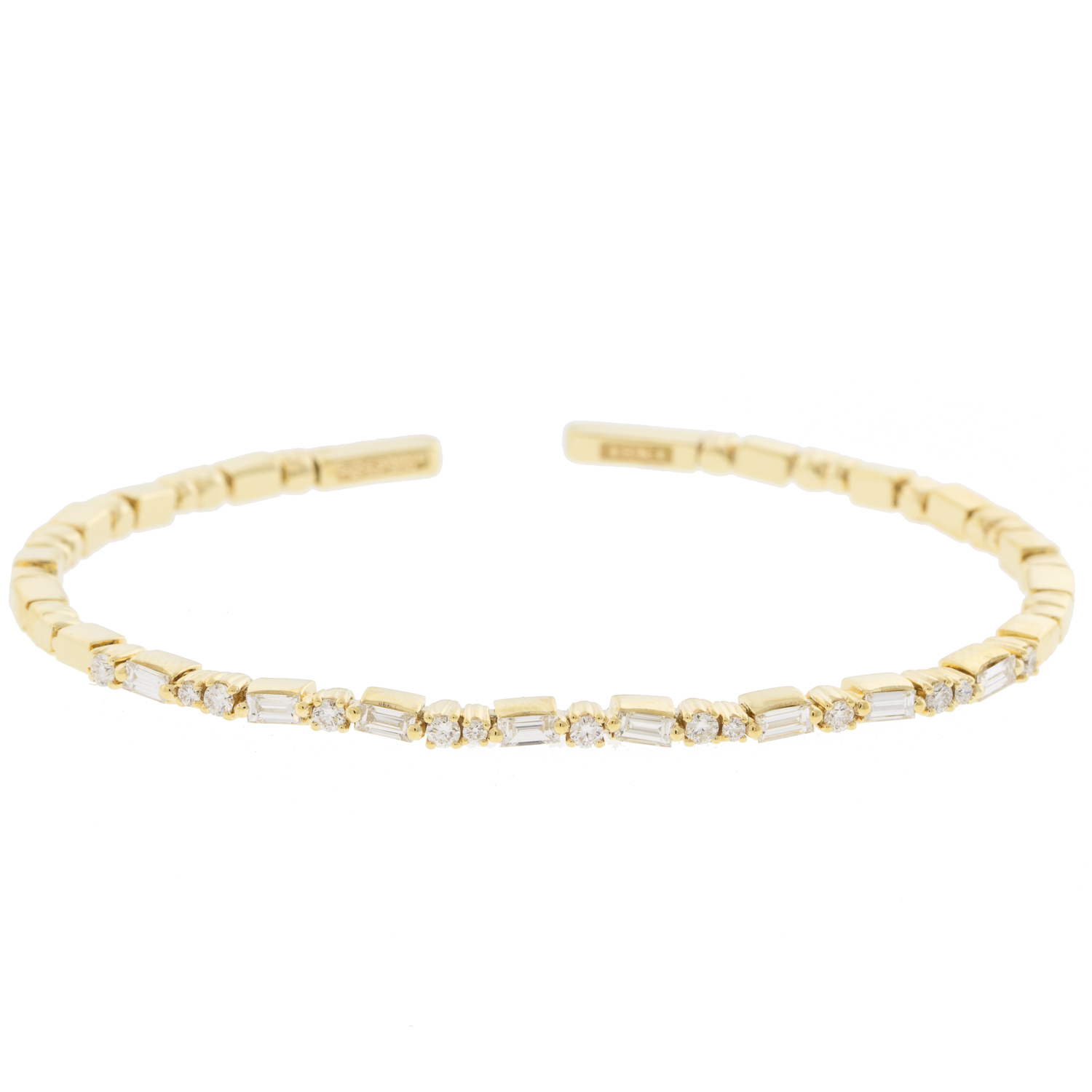 Suzanne Kalan: 18K YG White diamond baguette & round white diamond uneven bangle, .55ct baguette, .3ct round, w 2.5mm, 21 total stones