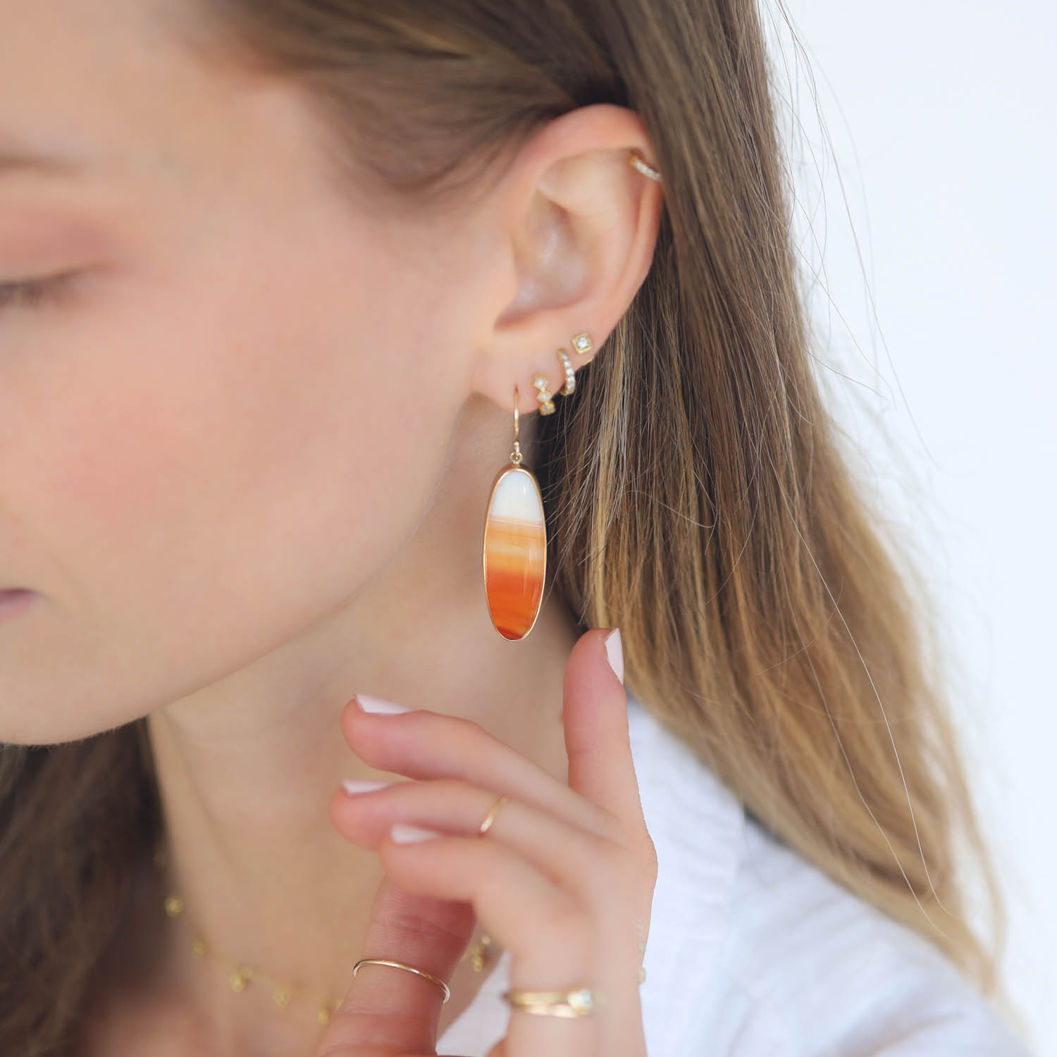 Jamie Joseph: 14K gold and Sterling Earrings w/ Large Oval Smooth Carnelian in Sterling Backed Gold Bezel