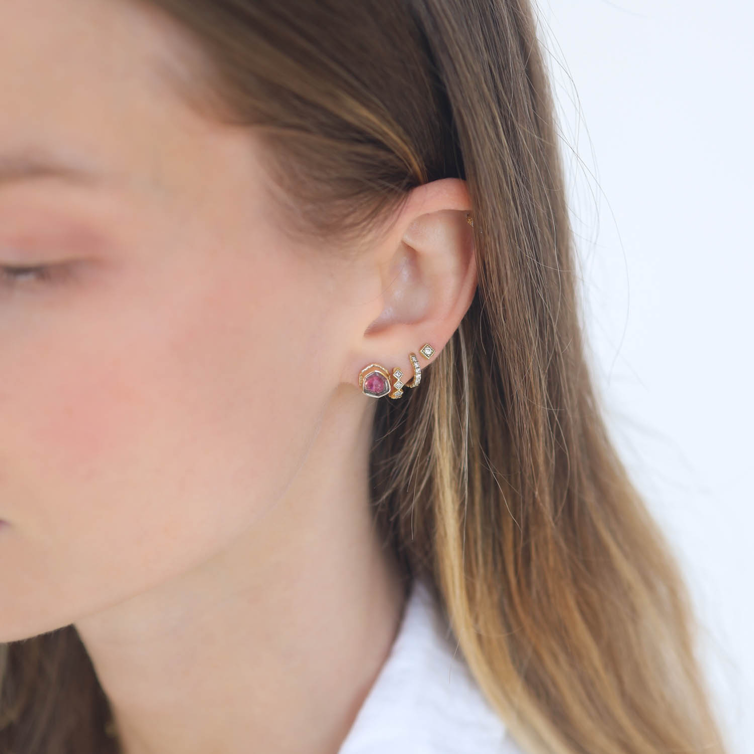 Jamie Joseph: 14K gold Post Earrings w/ Watermelon Tourmaline Slice on Ruffled Platform