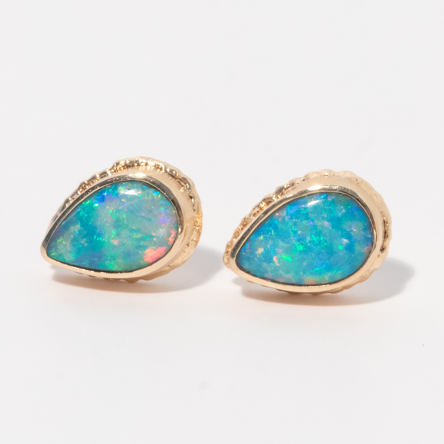 Jamie Joseph: 14K gold Post Earrings w/ 8 x 5mm Teardrop Australian Opal on Ruffled Platform