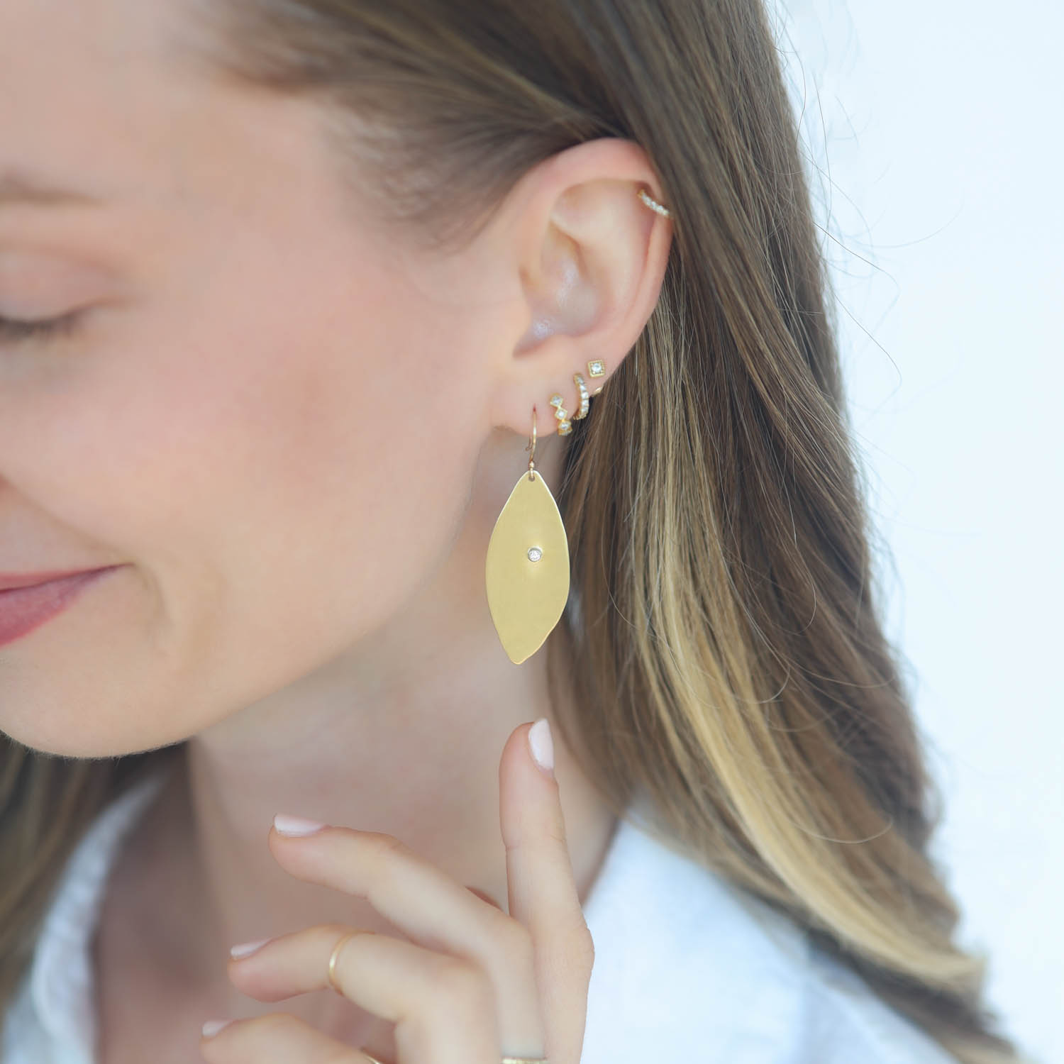 Sarah McGuire: Large 10K Gold Petal Earrings w/ .06tcw Diamond and 18K Earwires