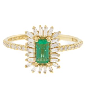 Suzanne Kalan: Ring 18K Yellow Gold OAK Emerald Ring .10 TCW Round white diamond, .30 White diamond baguette, .45 TCW Emerald Baguette Center Stone- Total Stones 41 Size 6.75