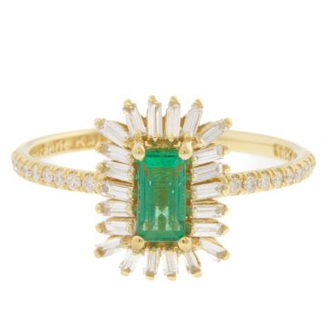 Suzanne Kalan: Ring 18K Yellow Gold OAK Emerald Ring .10 TCW Round white diamond, .30 White diamond baguette, .45 TCW Emerald Baguette Center Stone- Total Stones 41 Size 6.75