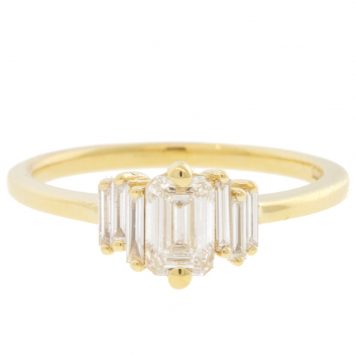Suzanne Kalan: Ring 18K Yellow Gold OAK .16 tcw white diamond Baguette, .50 White Diamond Center Total stones 5 size 5.5