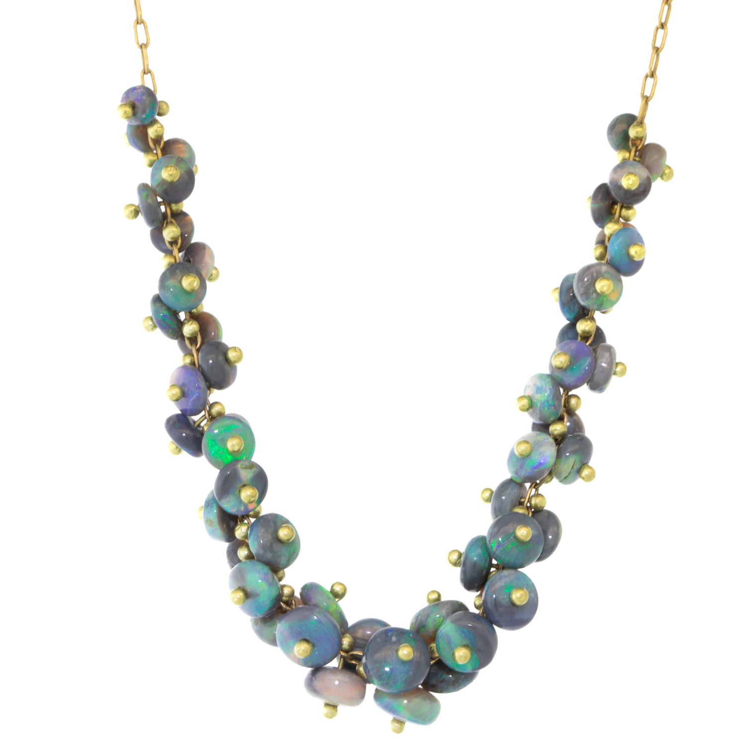 Ten Thousand things: extra-long, center spiral black opal choker on 18k gold