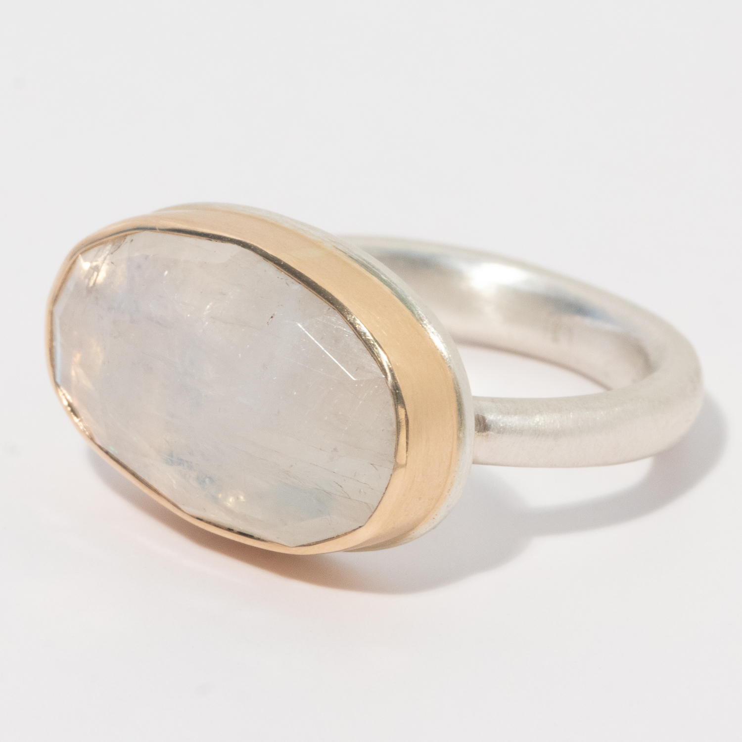 Jamie Joseph: Sterling & 14K Gold Ring w/ Oval Rose Cut WHITE RAINBOW MOONSTONE on Egyptian Band, Size 7 1/4, Measures 7/16" x 11/16"