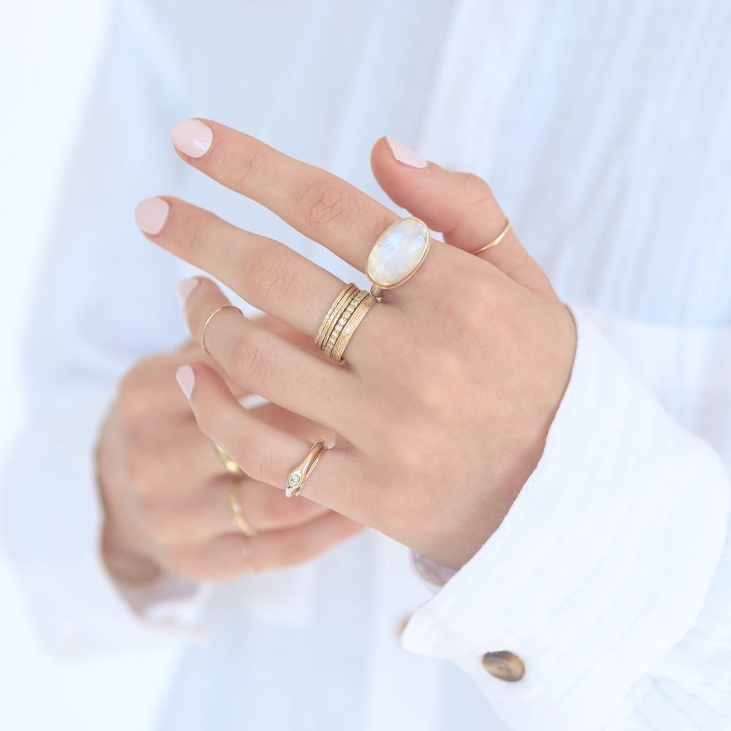 Jamie Joseph: Sterling & 14K Gold Ring w/ Oval Rose Cut WHITE RAINBOW MOONSTONE on Egyptian Band, Size 7 1/4, Measures 7/16" x 11/16"