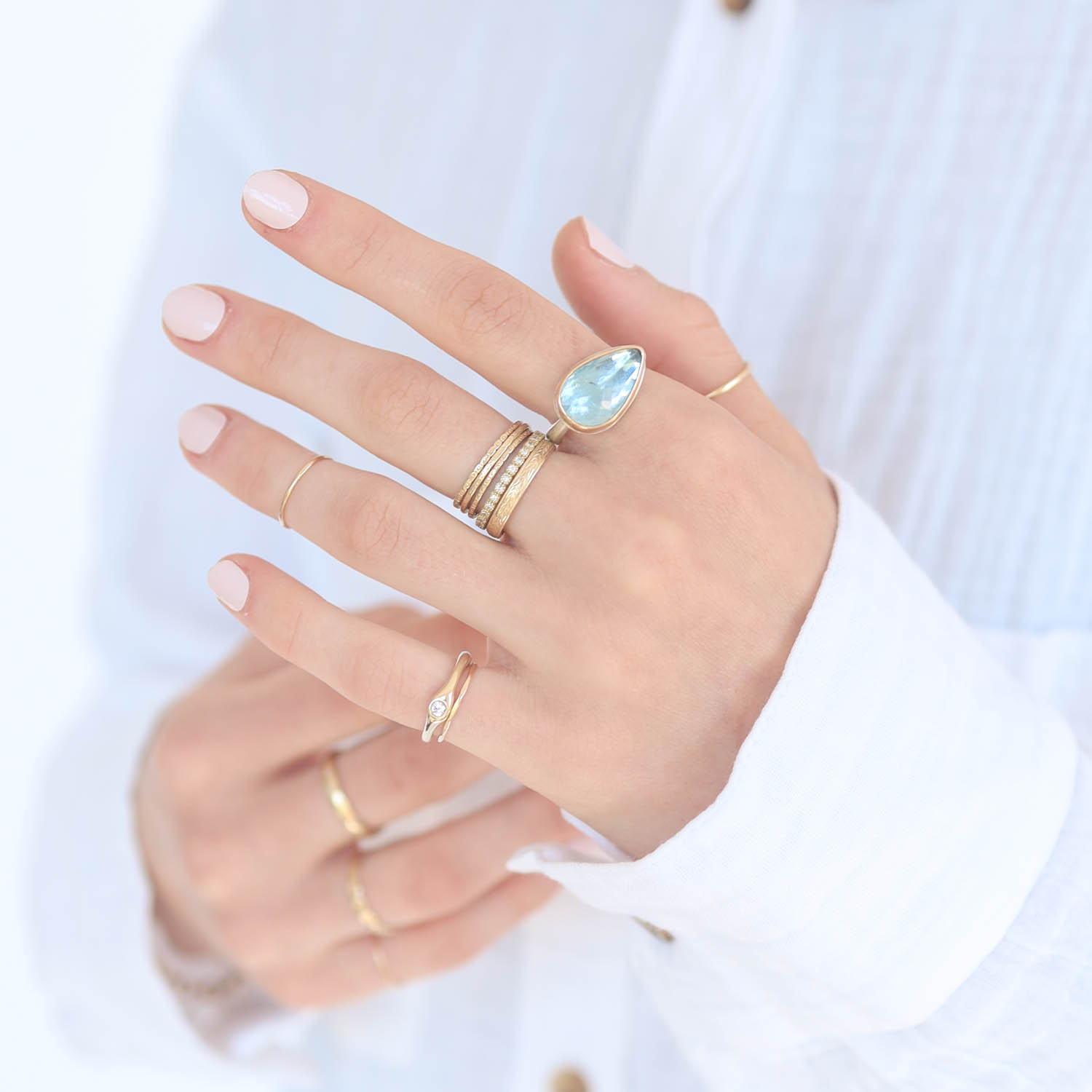 Jamie Joseph: Sterling & 14K Gold Ring w/ Small Inverted Teardrop Aquamarine on Egyptian Band, Size 7 1/4, Measures 3/8" x 5/8"