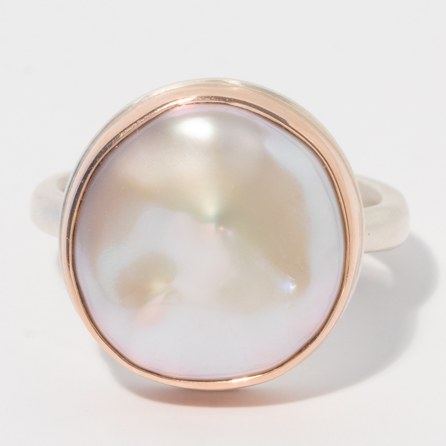 Jamie Joseph: Sterling & 14K Rose Gold Ring w/ Asymmetrical PINK CULTURED PEARL on Egyptian Band, 5/8" x 5/8" D, sz 7