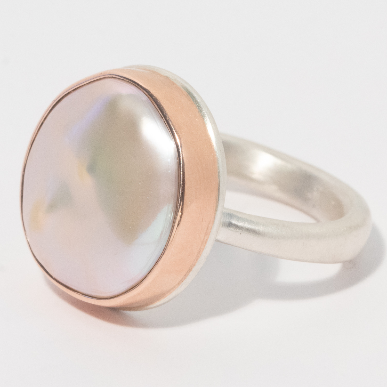 Jamie Joseph: Sterling & 14K Rose Gold Ring w/ Asymmetrical PINK CULTURED PEARL on Egyptian Band, 5/8" x 5/8" D, sz 7