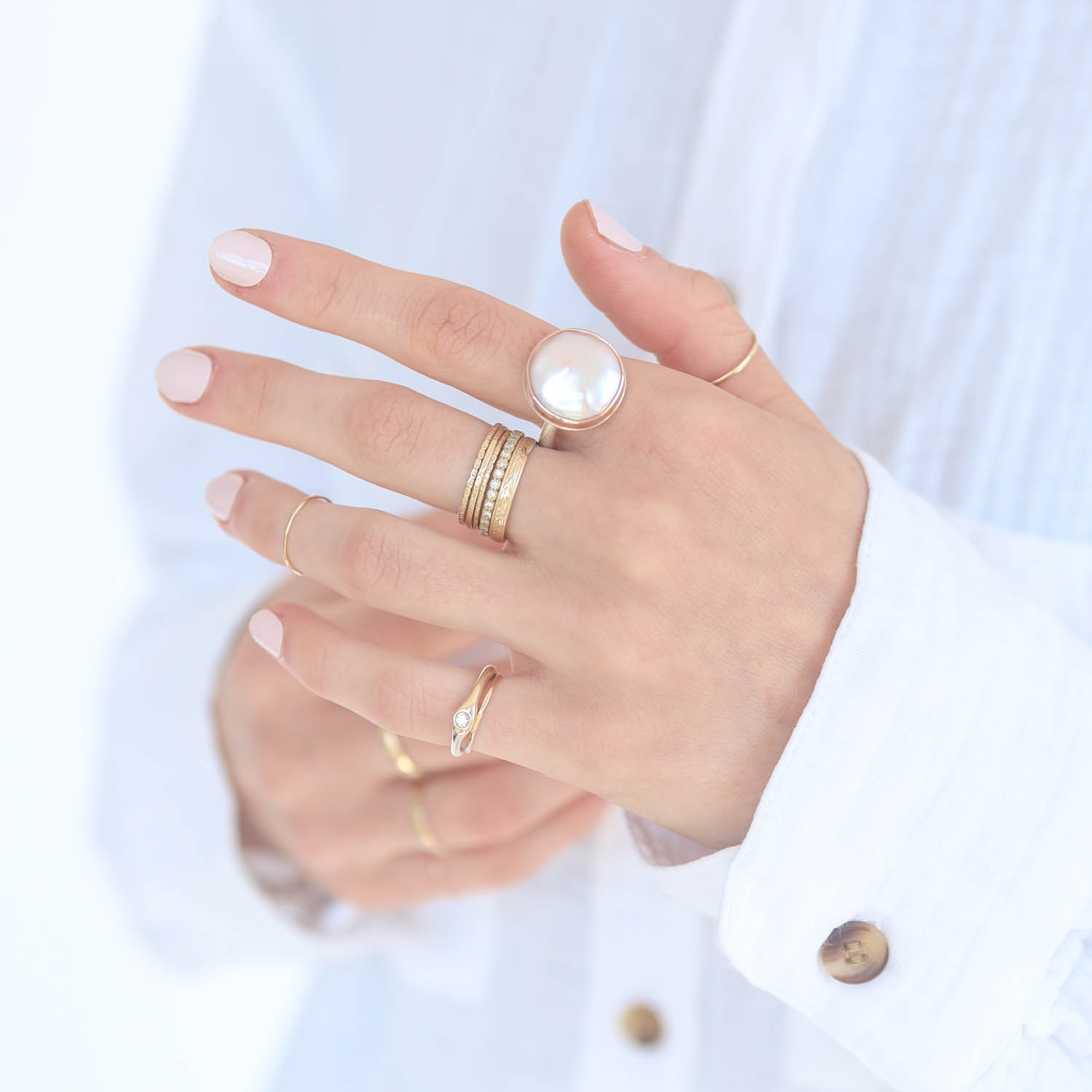 Jamie Joseph: Sterling & 14K Rose Gold Ring w/ Asymmetrical PINK CULTURED PEARL on Egyptian Band, 5/8" x 5/8" D, sz 7
