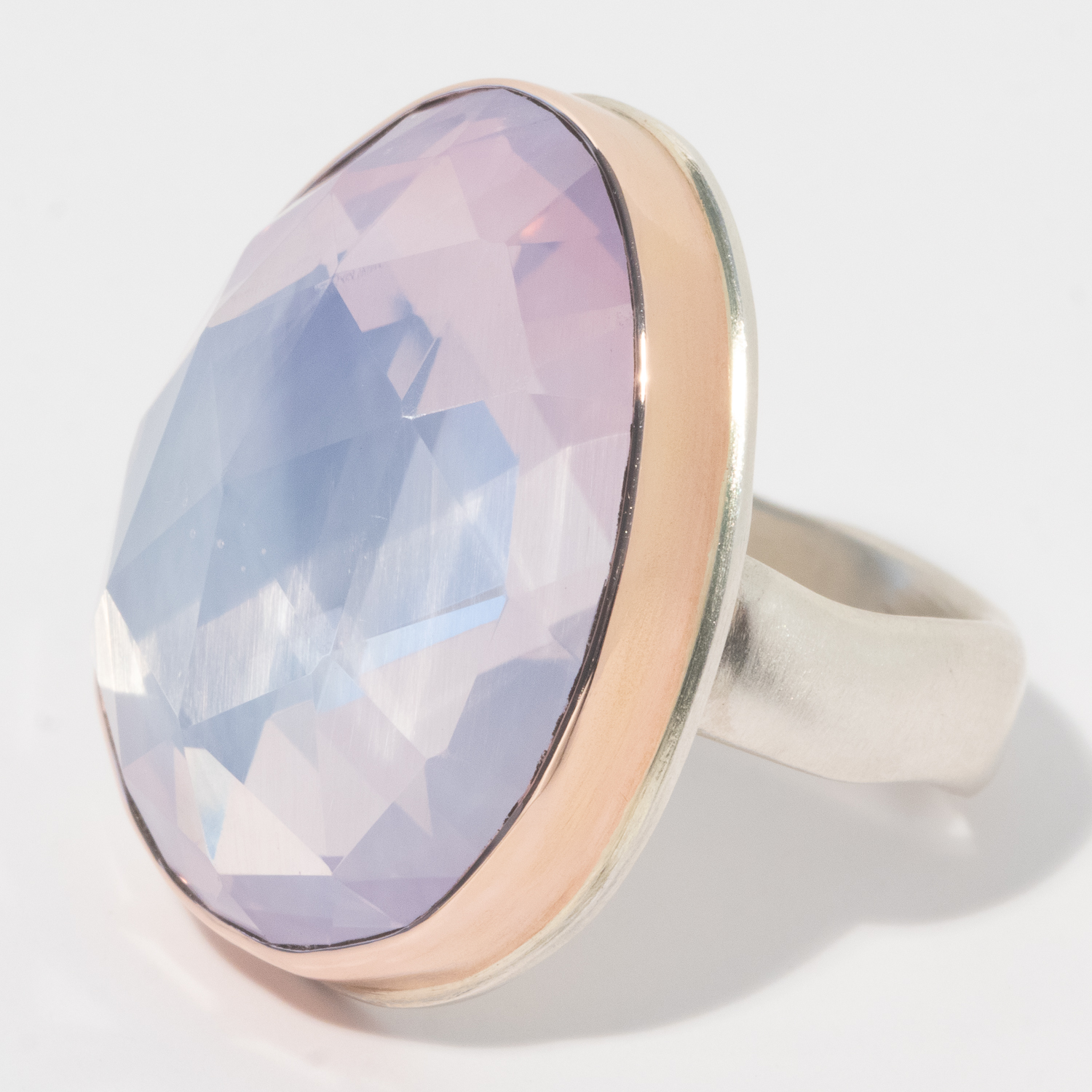 Jamie Joseph: Sterling & 14K Rose gold Ring w/Large Vertical Asymmetrical Rose Cut Lavender Amethyst on Groovy Band, size 7.75, measures 15/16" x 3/4"