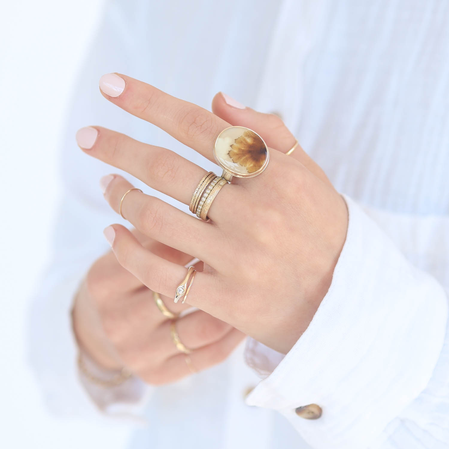 Jamie Joseph: Sterling & 14K Gold Ring w/ Vertical Oval DENDRITIC AGATE on Live Edge Band, 13/16" x 11/16, sz 7 1/2