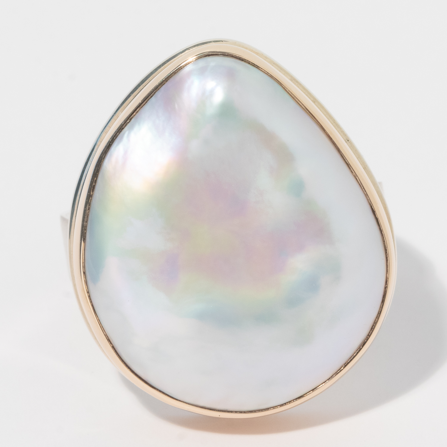 Jamie Joseph: Sterling & 14K Gold Ring w/ Vertical Asymmetrical CULTURED WHITE PEARL on Live Edge Band, Size 7 3/4, Measures 15/16 x 3/4