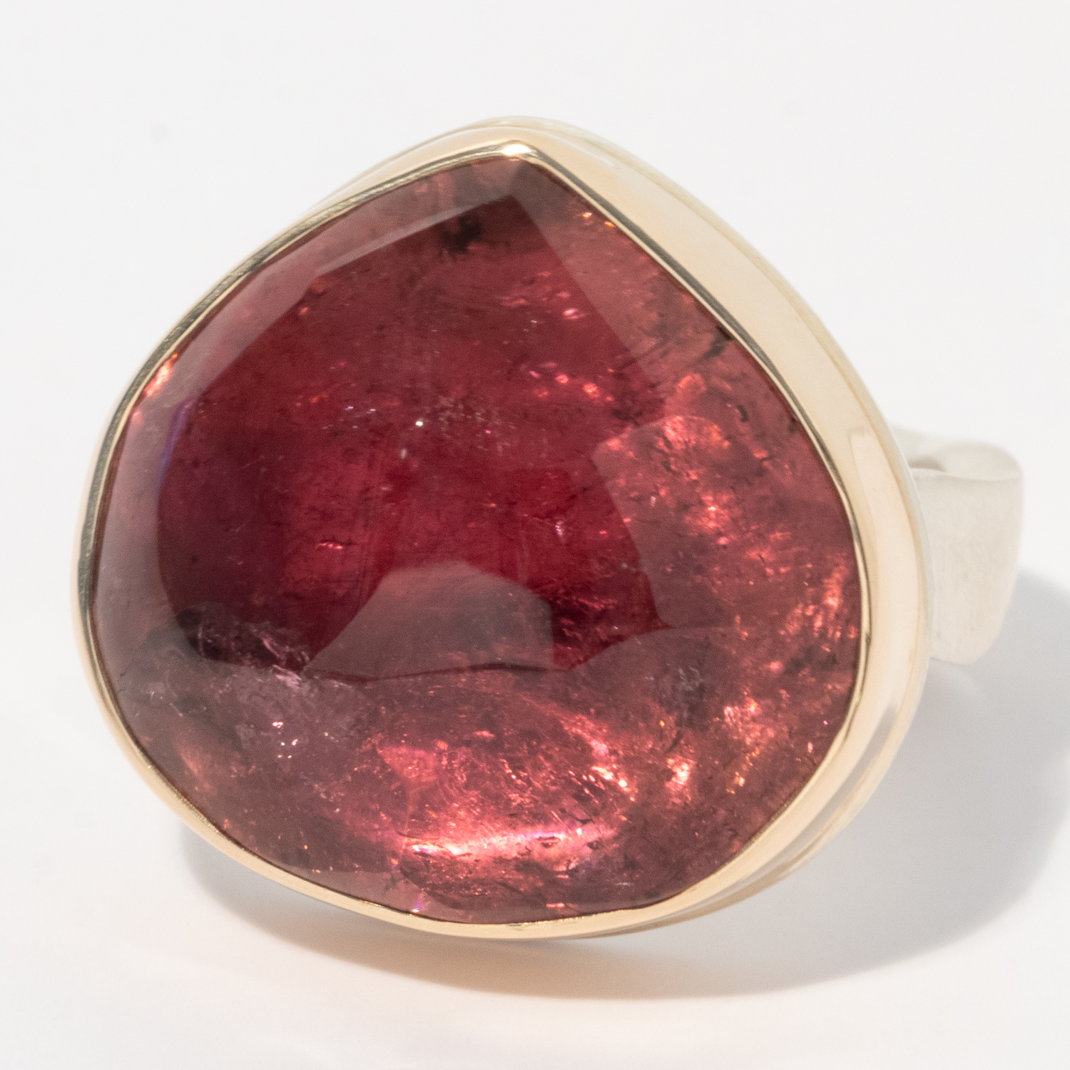 gold and silver ring with rubellite by jewelry designer Jamie Joseph