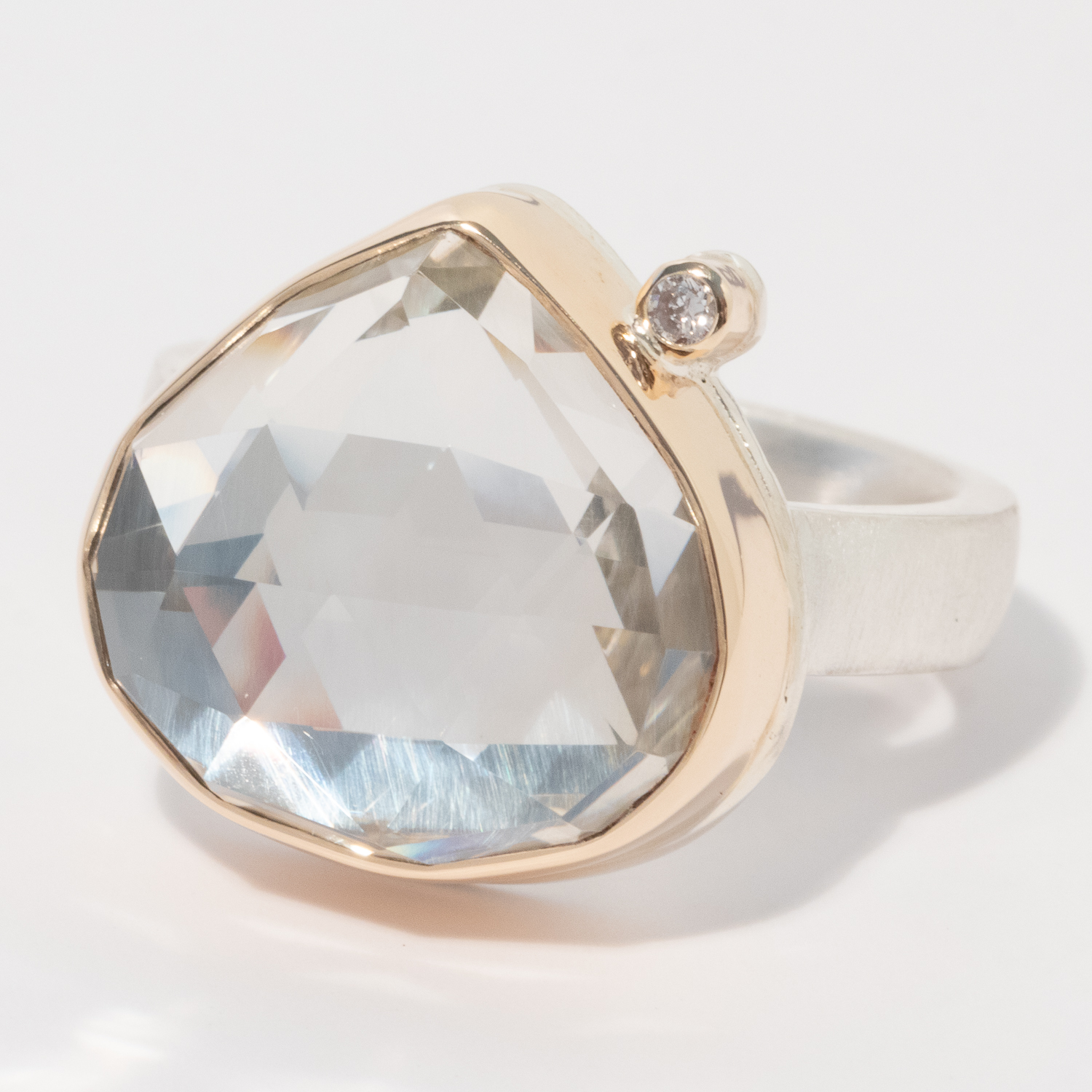 Jamie Joseph: Sterling & 14K Gold Ring w/ Lotus Rose Cut ROCK CRYSTAL & .03 ct Satellite Diamond on Y Band, 5/8" x 5/8", sz 7 3/4