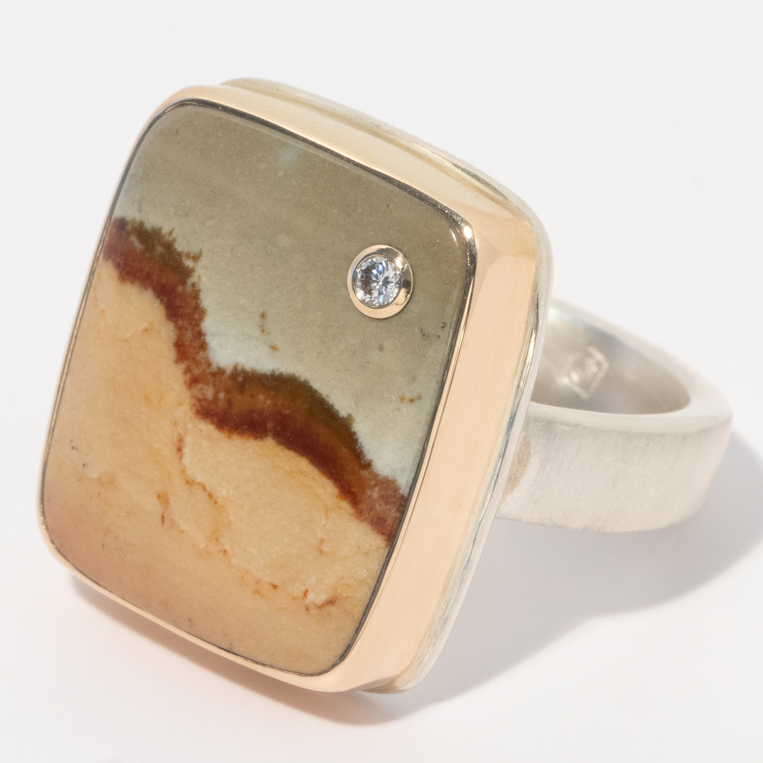 Jamie Joseph: Sterling & 14K Gold Ring w/ Vertical Rectangular MADAGASCAR JASPER & .03 ct Diamond on Y Band, Size 7 1/4, Measures 3/4" x 5/8"