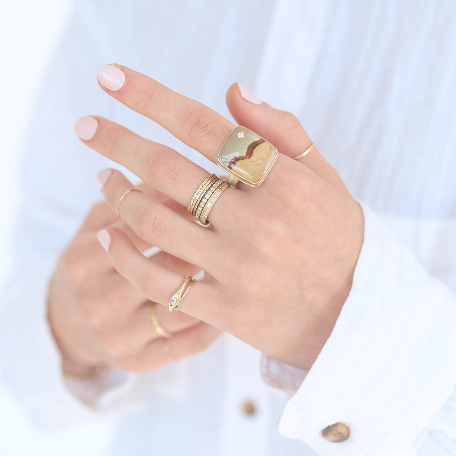 Jamie Joseph: Sterling & 14K Gold Ring w/ Vertical Rectangular MADAGASCAR JASPER & .03 ct Diamond on Y Band, Size 7 1/4, Measures 3/4" x 5/8"