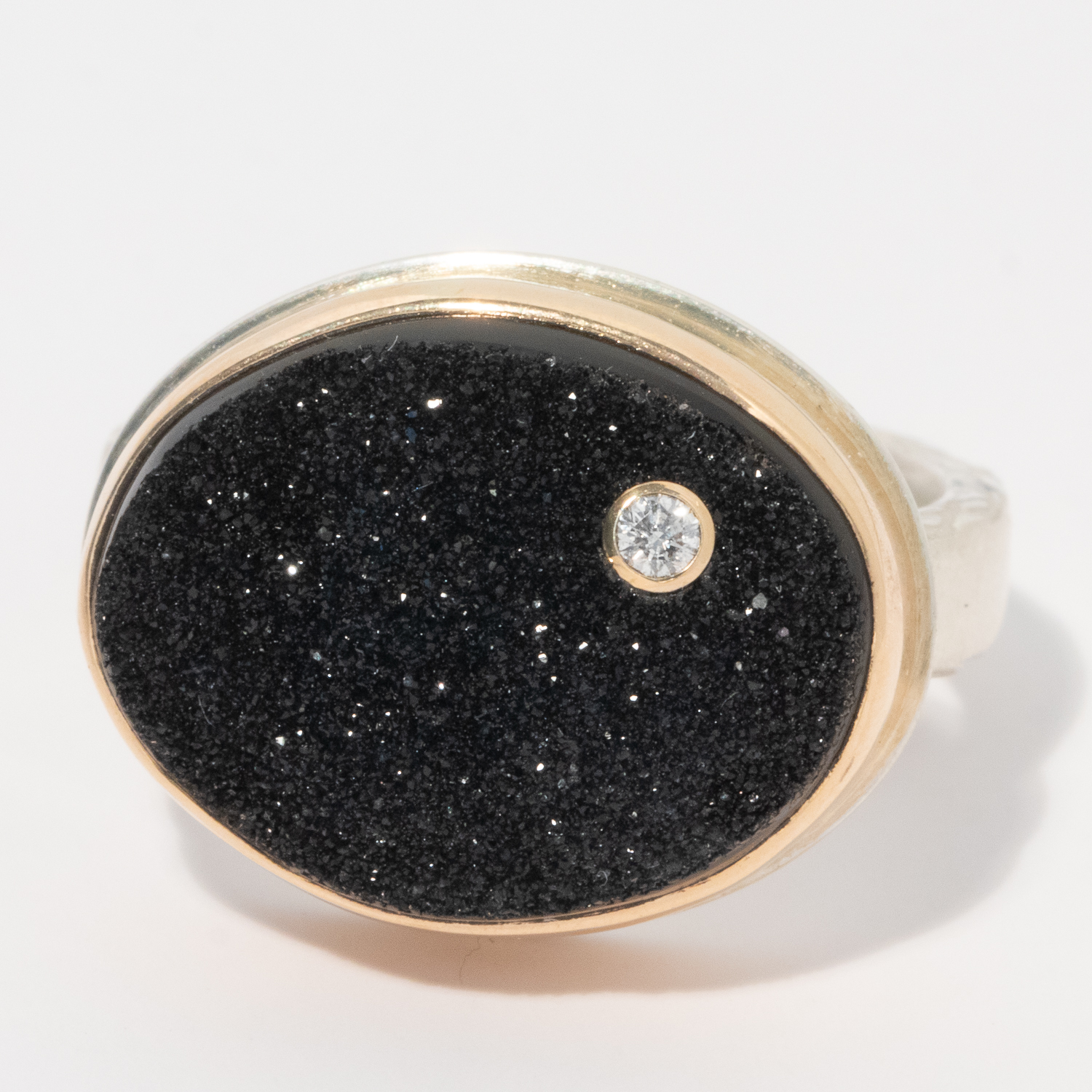 Jamie Joseph: Sterling & 14K Gold Ring w/ Oval BRAZILIAN BLACK DRUSY & .03 ct Diamond on Middle Bark Band, Size 7 1/2, Measures 9/16" x 11/16"