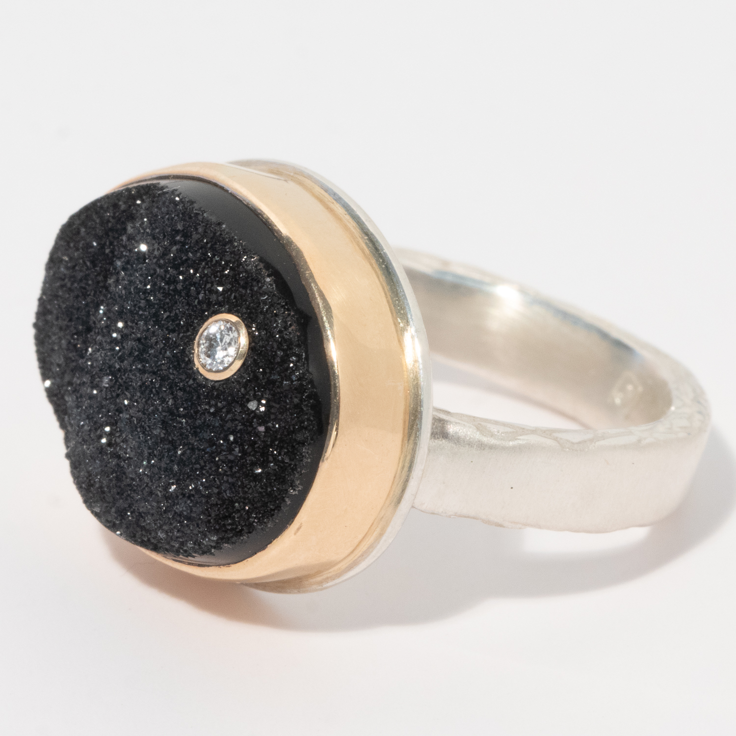 Jamie Joseph: Sterling & 14K Gold Ring w/ Oval BRAZILIAN BLACK DRUSY & .03 ct Diamond on Middle Bark Band, Size 7 1/2, Measures 9/16" x 11/16"