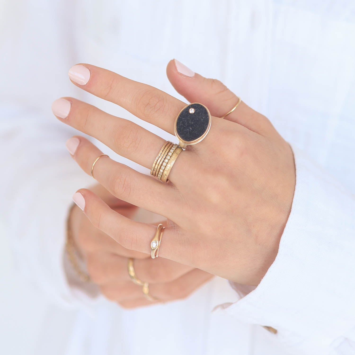 Jamie Joseph: Sterling & 14K Gold Ring w/ Oval BRAZILIAN BLACK DRUSY & .03 ct Diamond on Middle Bark Band, Size 7 1/2, Measures 9/16" x 11/16"