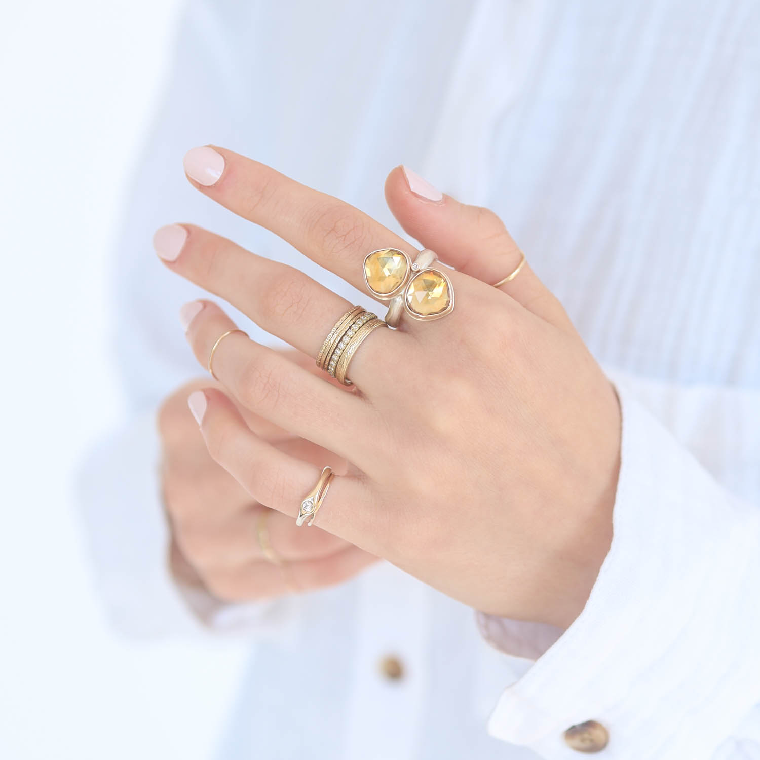 Jamie Joseph: Sterling & 14K Gold Ring w/ Double Lotus Rose Cut CITRINE & .025 ct Satellite Diamond on Middle Groovy Band, 7/8" x 7/16", sz 7 1/4