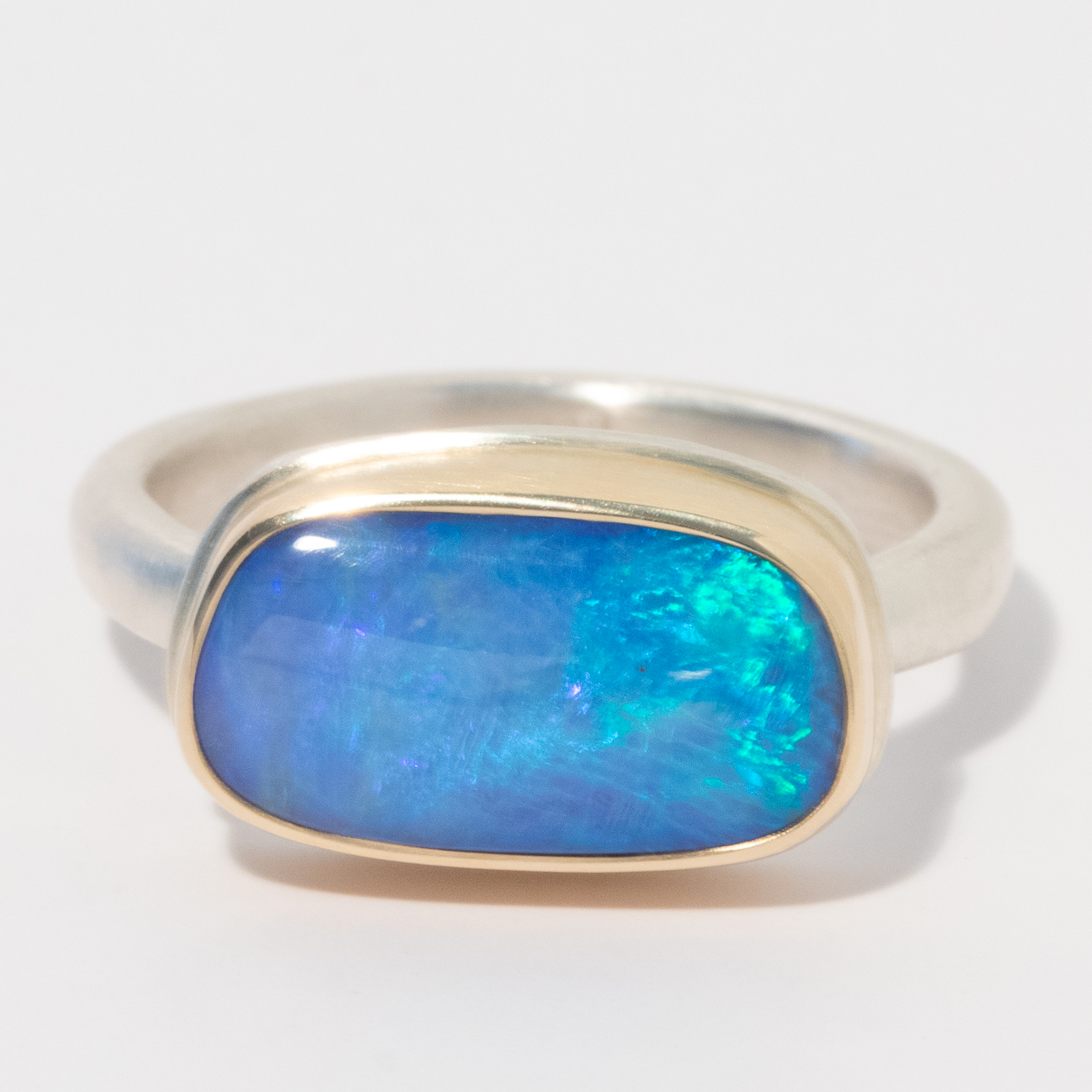 Jamie Joseph: Sterling & 14K Gold Ring w/ Small Asymmetrical AUSTRALIAN OPAL on Middle Organic Band, Size 7 1/4, Measures 5/16" x 9/16"