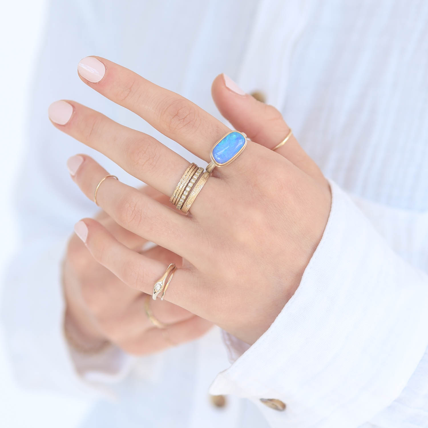 Jamie Joseph: Sterling & 14K Gold Ring w/ Small Asymmetrical AUSTRALIAN OPAL on Middle Organic Band, Size 7 1/4, Measures 5/16" x 9/16"