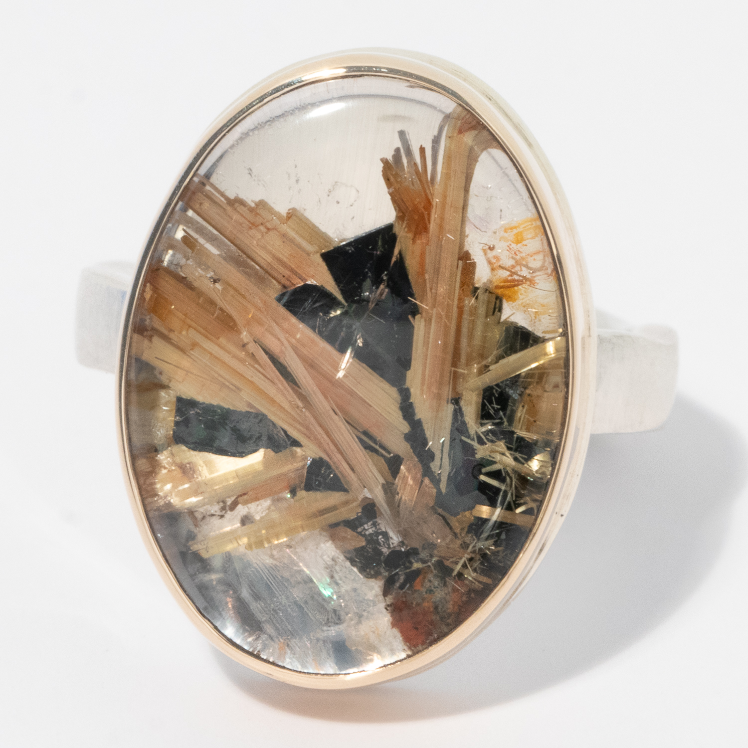 Jamie Joseph: Sterling & 14K Gold Ring w/ Vertical Oval STAR RUTILATED QUARTZ on Soft Live Edge Band , 13/16" x 9/16" D, sz 7 1/4