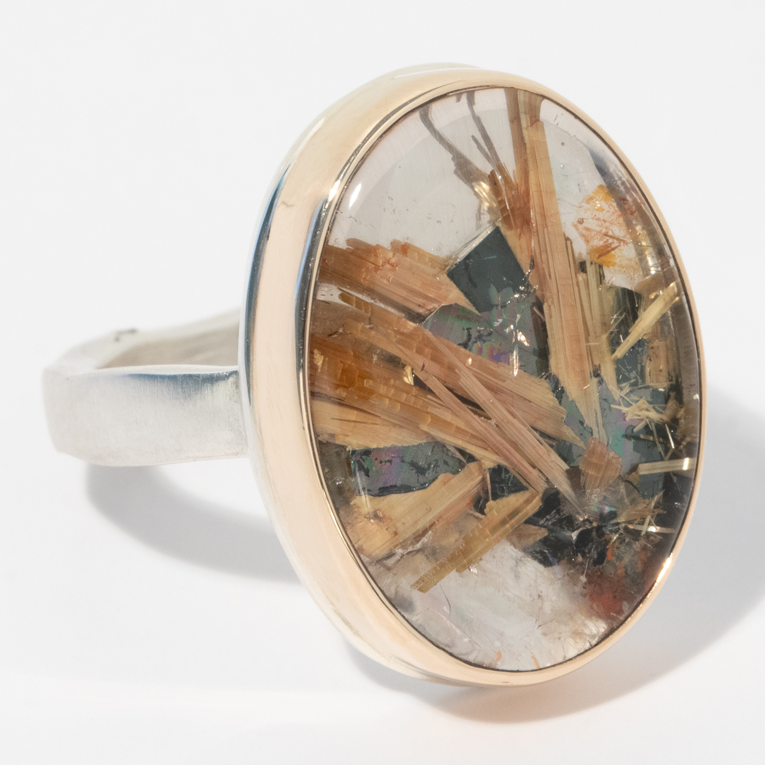 Jamie Joseph: Sterling & 14K Gold Ring w/ Vertical Oval STAR RUTILATED QUARTZ on Soft Live Edge Band , 13/16" x 9/16" D, sz 7 1/4