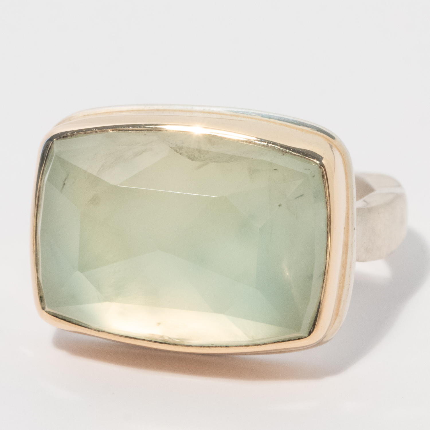 gold and silver ring with prehnite by jewelry designer Jamie Joseph