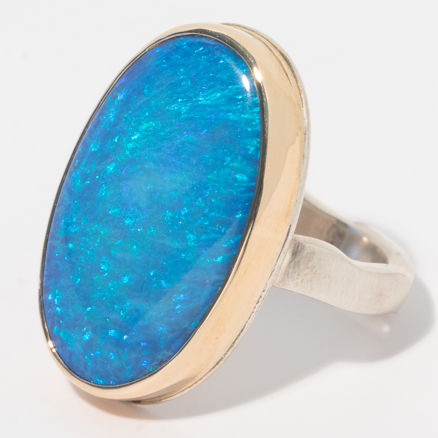Jamie Joseph: Sterling & 14K Gold Ring w/ Vertical Oval AUSTRALIAN OPAL DOUBLET on Soft Live Edge Band