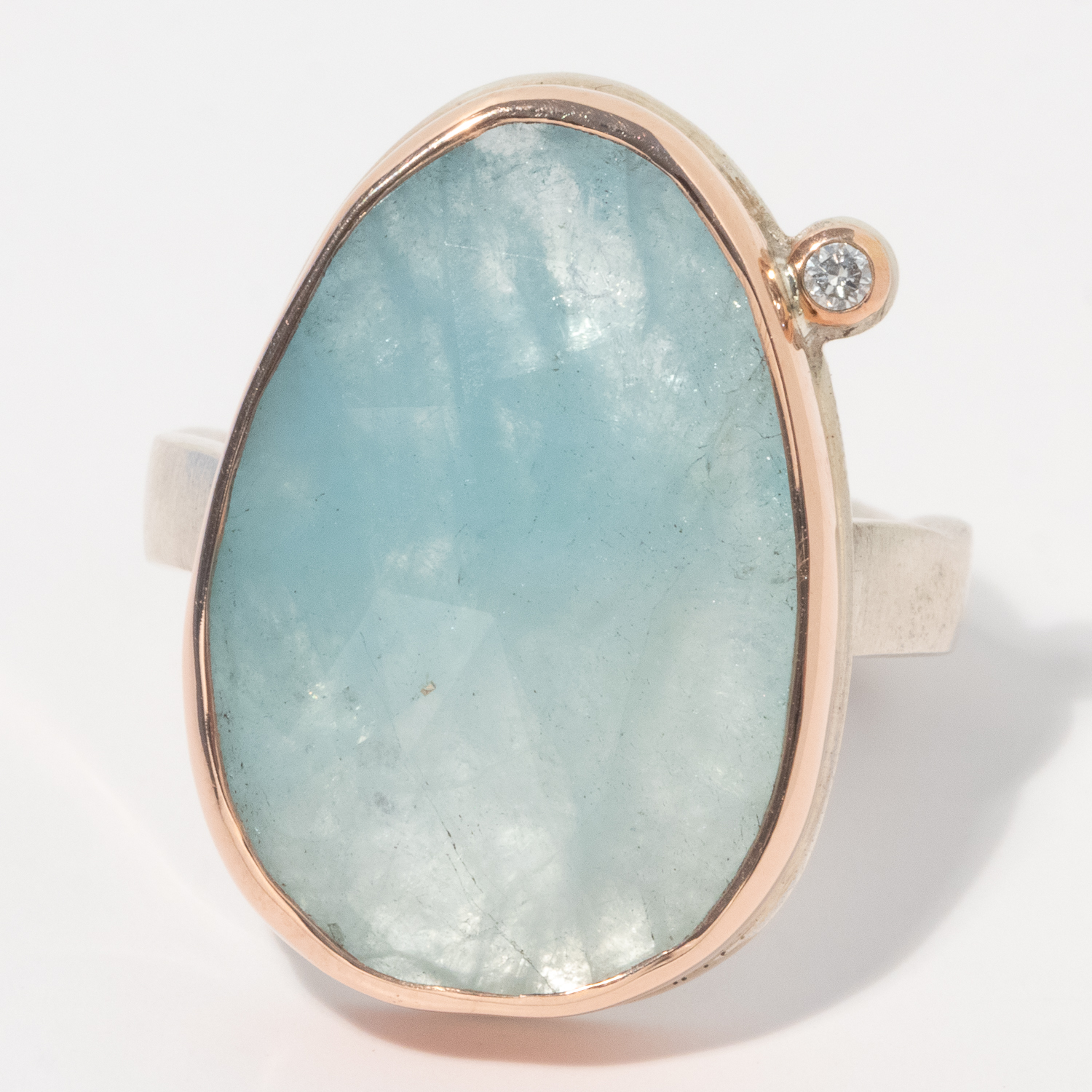 Jamie Joseph: Sterling & 14K Rose Gold Ring w/ Vertical Asymmetrical Rose Cut AQUAMARINE & .03 ct Satellite Diamond on Soft Live Edge Band, Size 6 3/4, Measures 7/8" x 9/16"