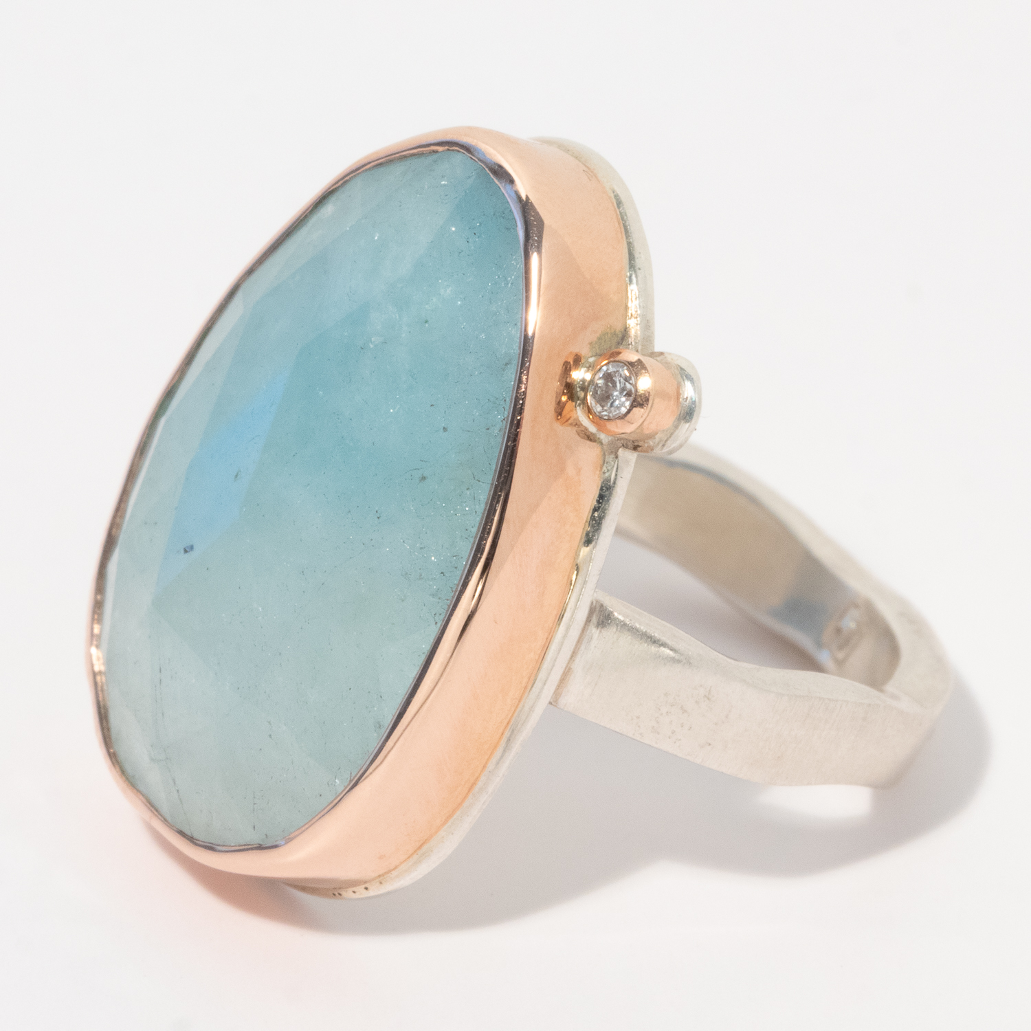 Jamie Joseph: Sterling & 14K Rose Gold Ring w/ Vertical Asymmetrical Rose Cut AQUAMARINE & .03 ct Satellite Diamond on Soft Live Edge Band, Size 6 3/4, Measures 7/8" x 9/16"