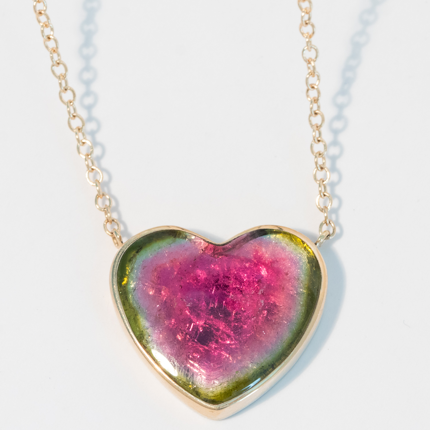 Jamie Joseph: Sterling & 14K Gold Chain Necklace w/ Smooth WATERMELON TOURMALINE Heart in Sterling Backed Gold Bezel (17.5")