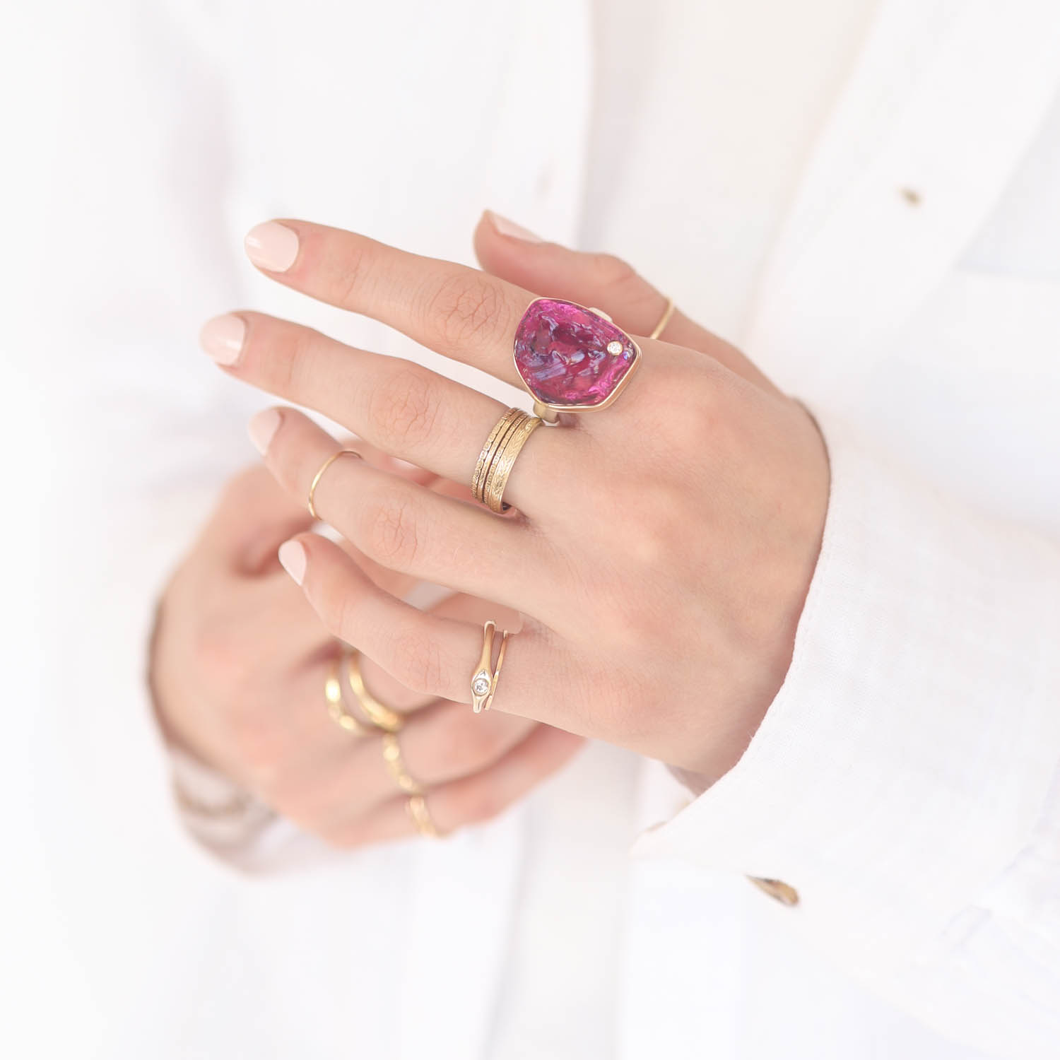 Jamie Joseph: Sterling & 14K Gold Ring w/ Vertical Asymmetrical Surface PINK TOURMALINE & .03 ct Diamond on Comfort Band, sz 7 3/4, 13/16" x 11/16"