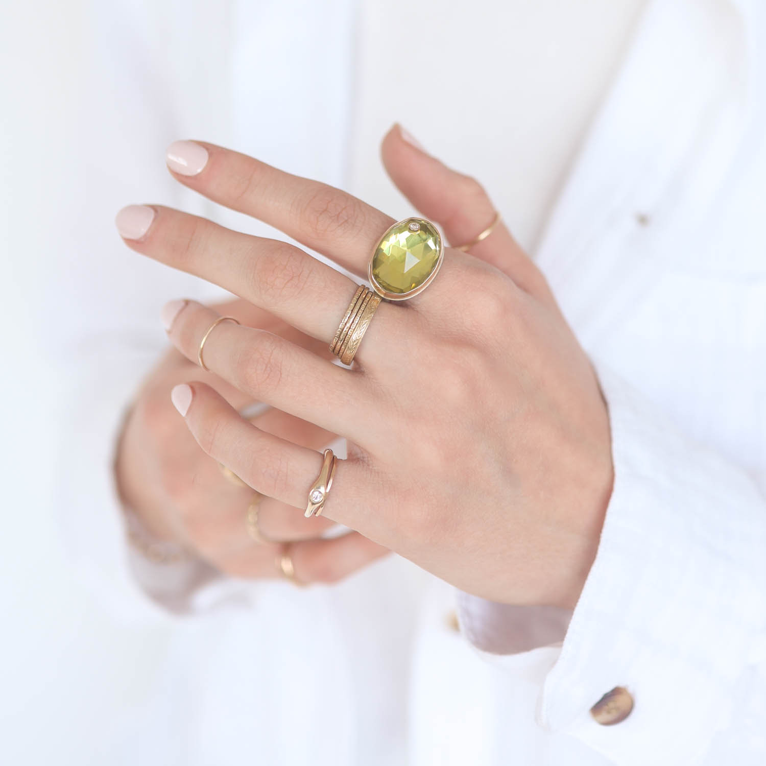 Jamie Joseph: Sterling & 14K Gold Ring w/ Oval Rose Cut LEMON QUARTZ & .03 ct Diamond on Comfort Band, 9/16" x 3/4" D, sz 8 1/4