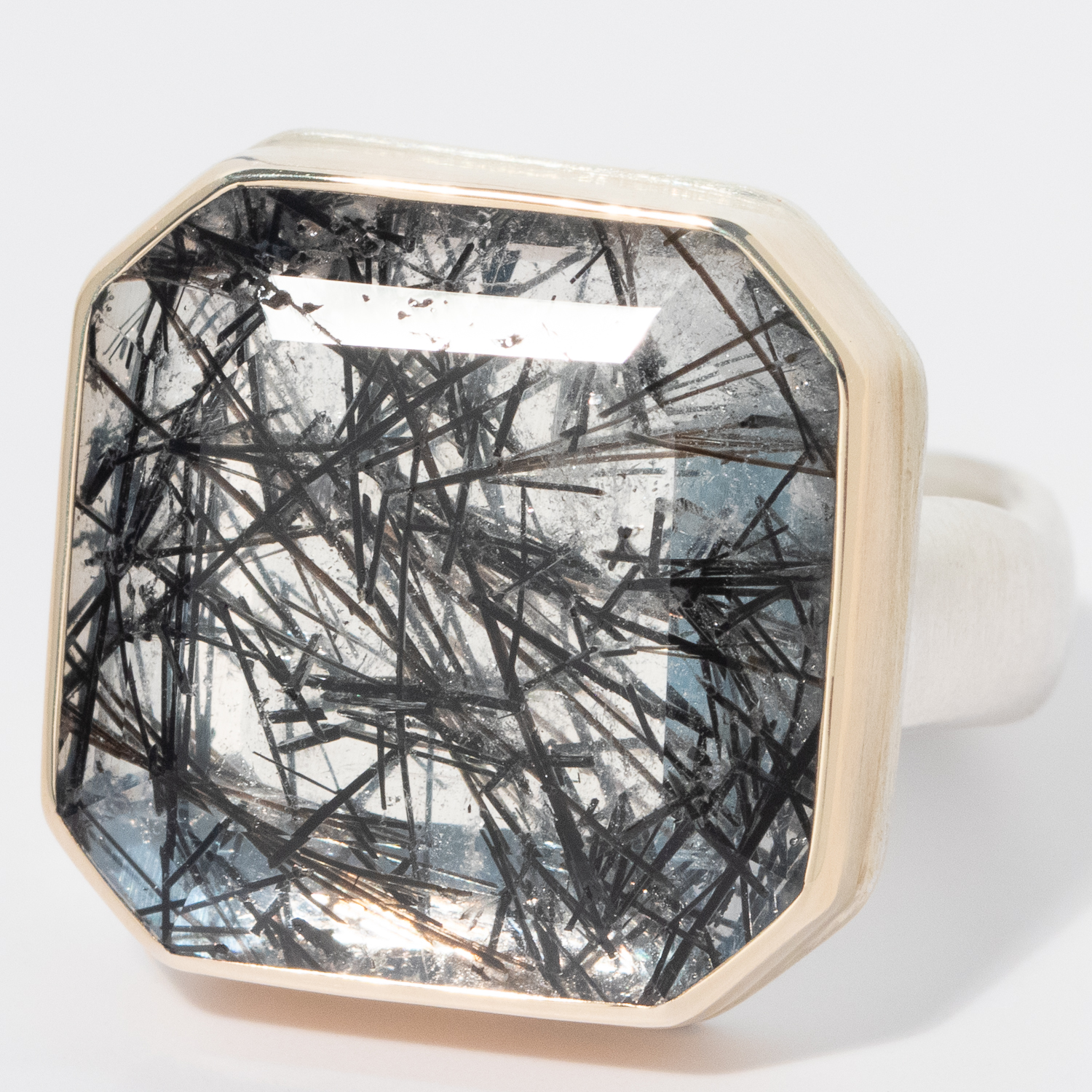 Jamie Joseph: Sterling & 14K Gold Ring w/ Square Table Up TOURMALINATED QUARTZ on Groovy Band, sz 7 1/2, 11/16" x 11/16"